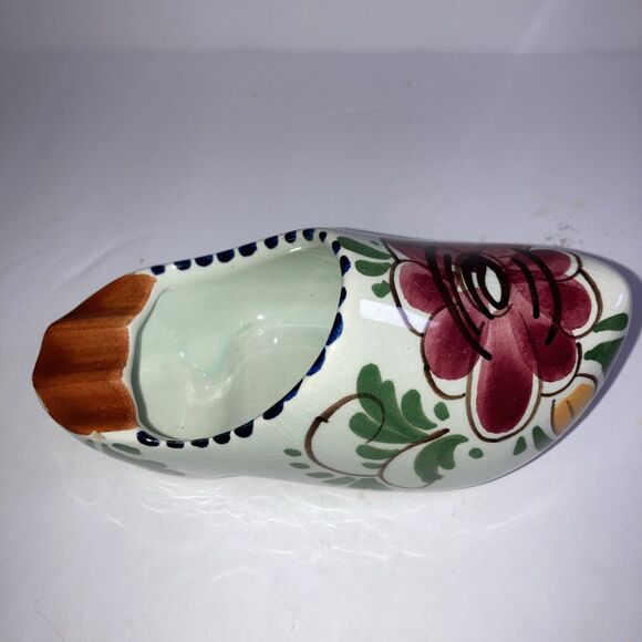 Vintage Hand Painted Delfts Ceramic Floral Design Clog Shoe Planter - 5” Long - Picture 2 of 4